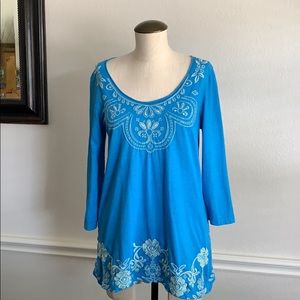 Johnny Was Blue Tunic with white Embroidery Size M